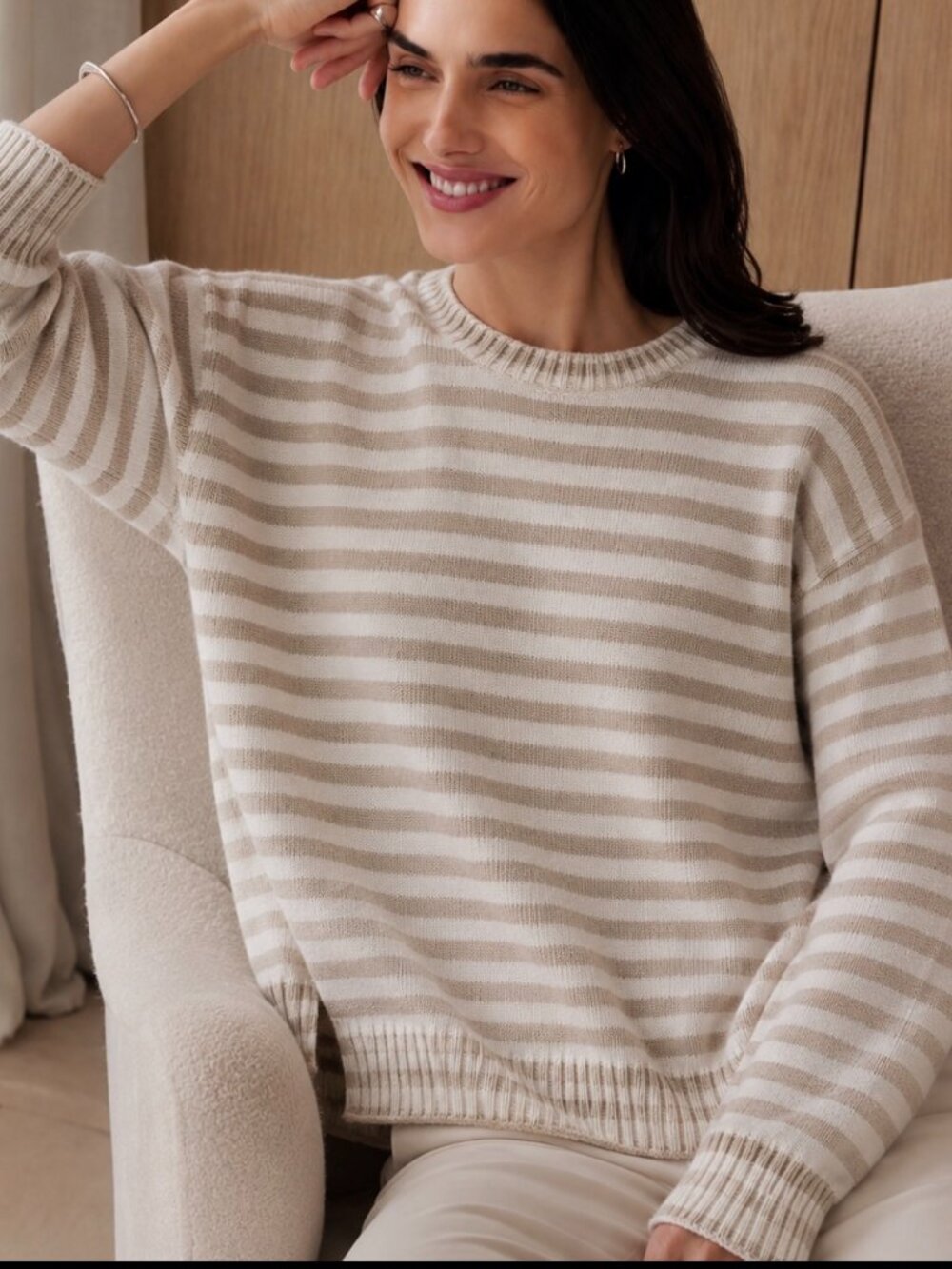 Jenni Kayne wool/cashmere cream/tan striped relaxed side slits Sweater Sz M